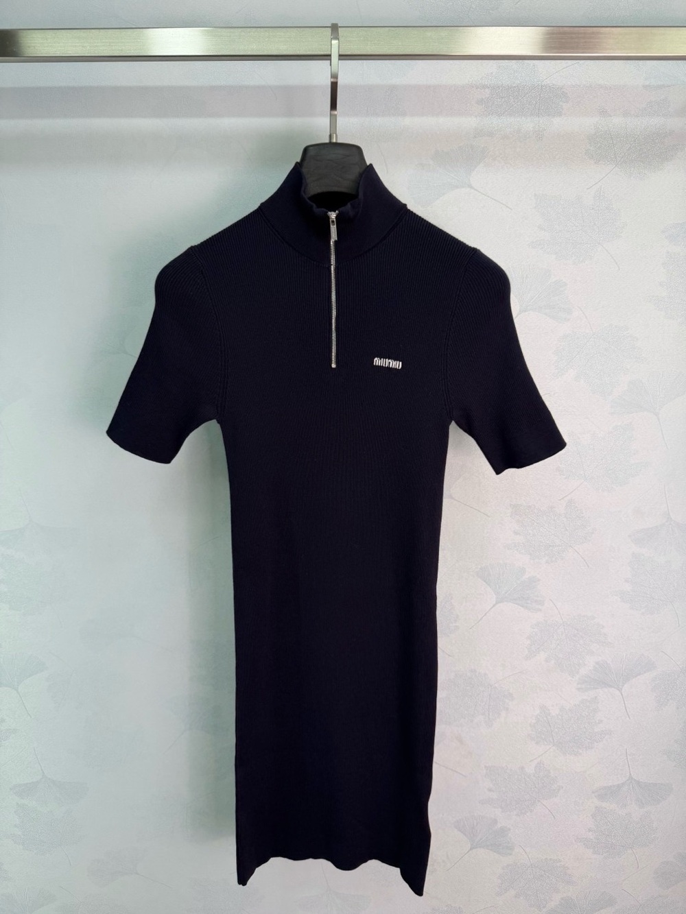 🖤 Miu Miu Navy Ribbed Knit Half-Zip Mock Neck Midi Dress